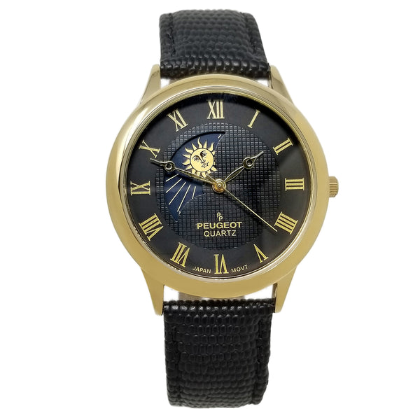 Men's 38mm Black Dial Gold Case Sun-Moon Leather Strap watch