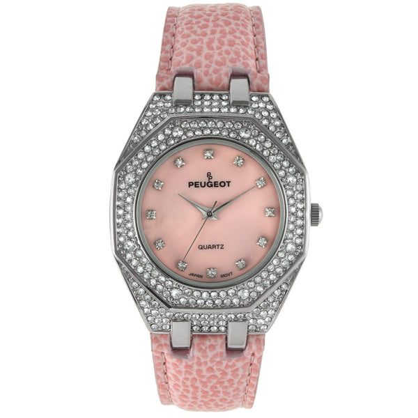 Women's dress watch 9357. Silver iridescent face, authentic Jeweled bevel with pink band