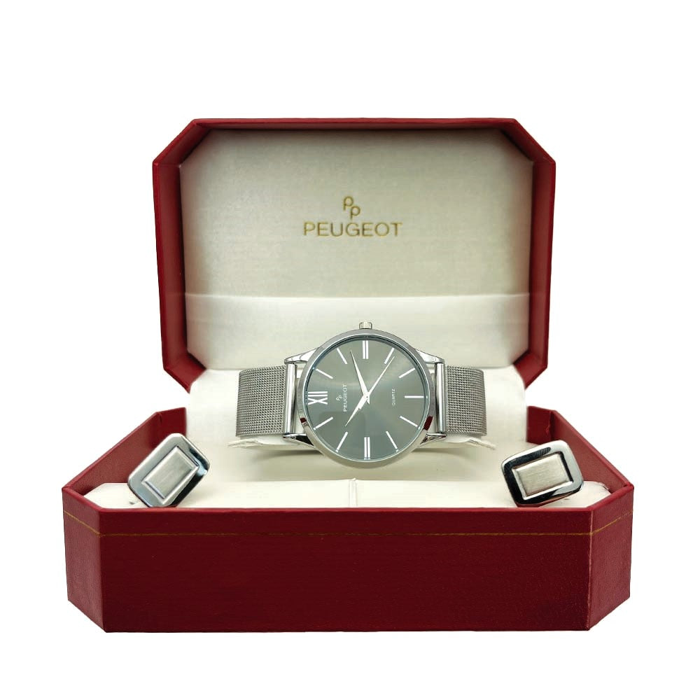 Mens Silver Mesh Watch with matching Cuff Links Gift Set