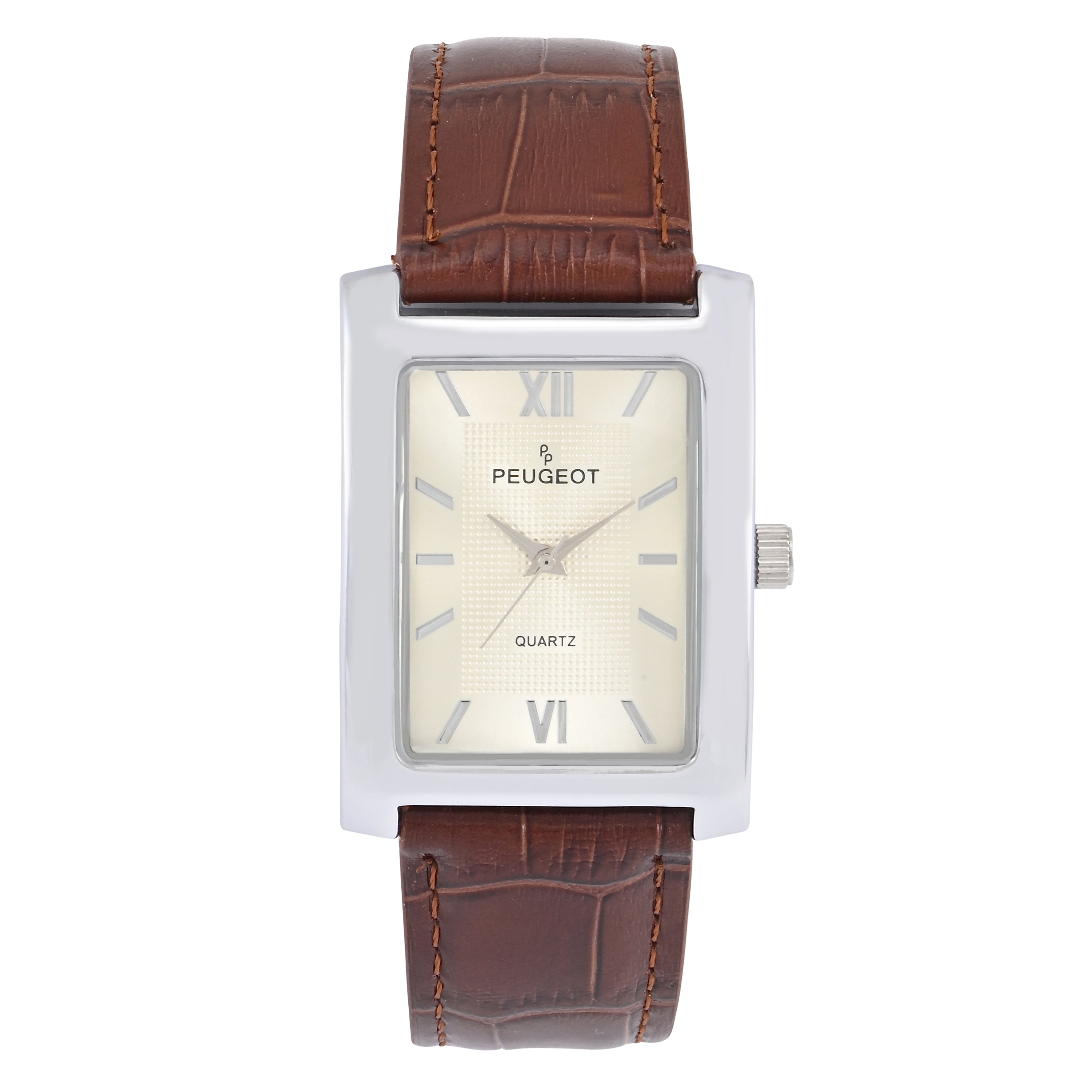 Men's 30X40mm Silver Tank Shape Watch with Textured Dial Brown Leather Strap