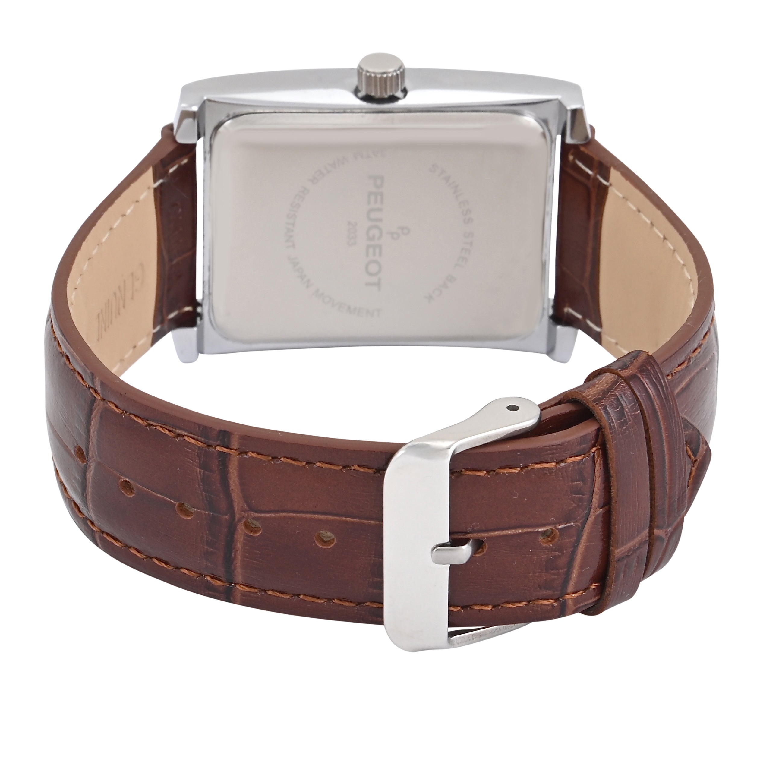 Men's 30X40mm Silver Tank Shape Watch with Textured Dial Brown Leather Strap