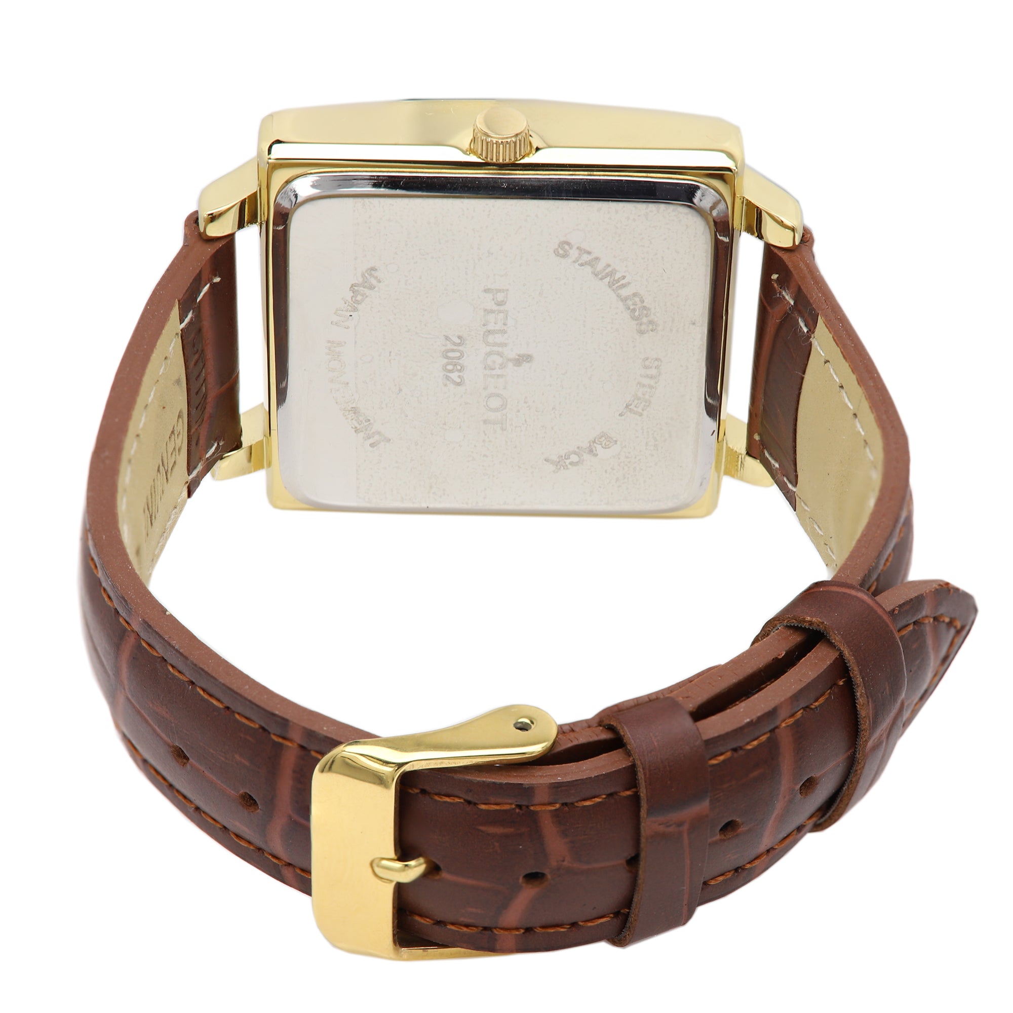 Men's 35mm 14K Gold Plated Square Watch with Brown leather Strap