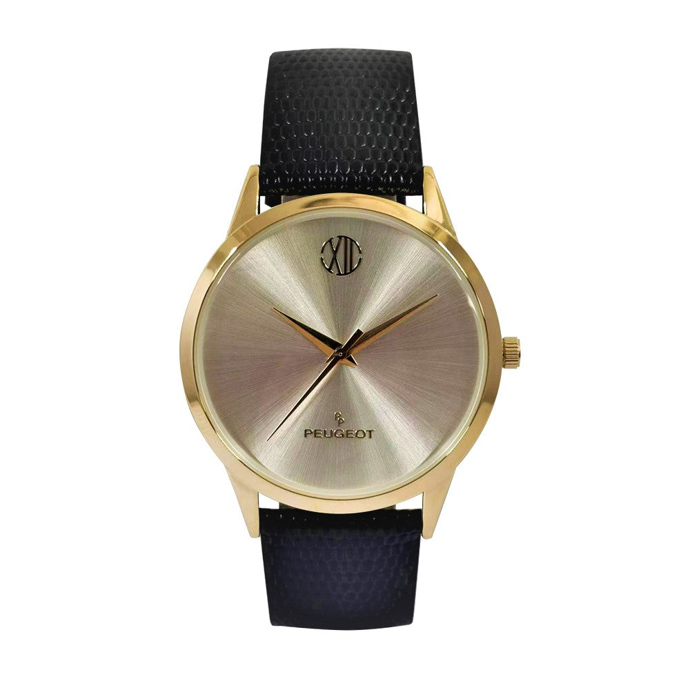 Men's 40mm Wafer Slim Round Gold-Plated Case Watch with Leather Strap