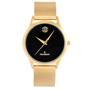 Men's 40mm Wafer Slim Black Dial Gold Plated Case Watch with Mesh Band