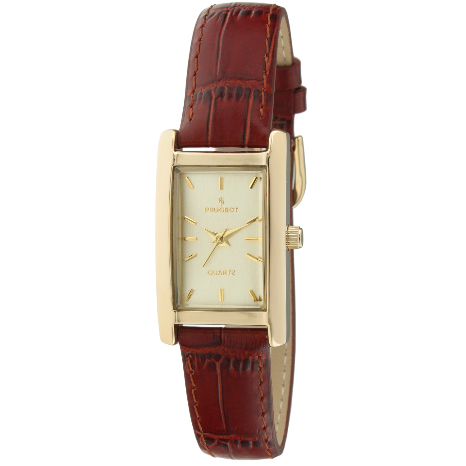 Peugeot Men's Vintage Rectangular 14K Gold Plated Brown Leather Strap Watch