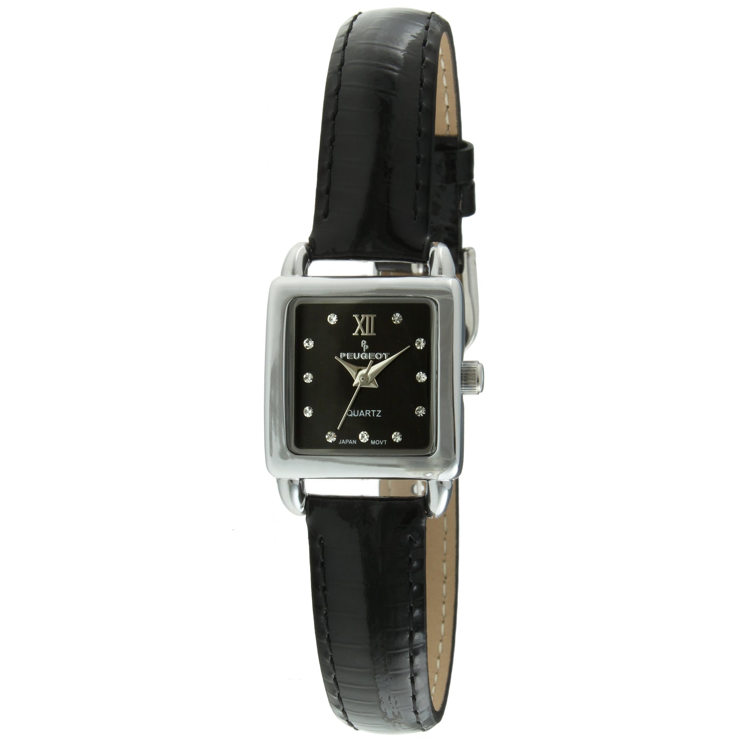 Peugeot Women's Small Square Case Crystal Marker Genuine Leather Strap Watch Black