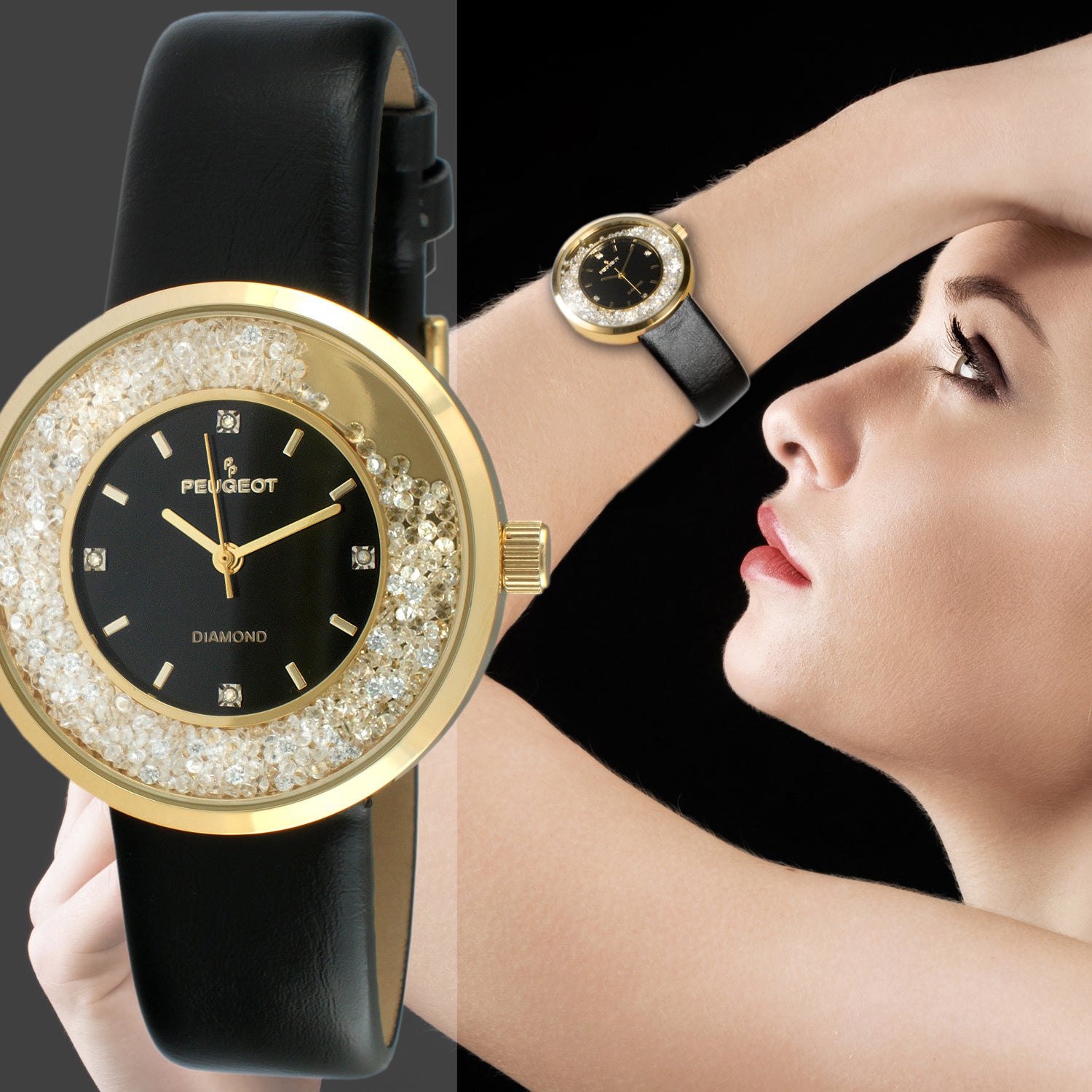 Women's 38mm Black Floating CZ Diamond Dial Watch