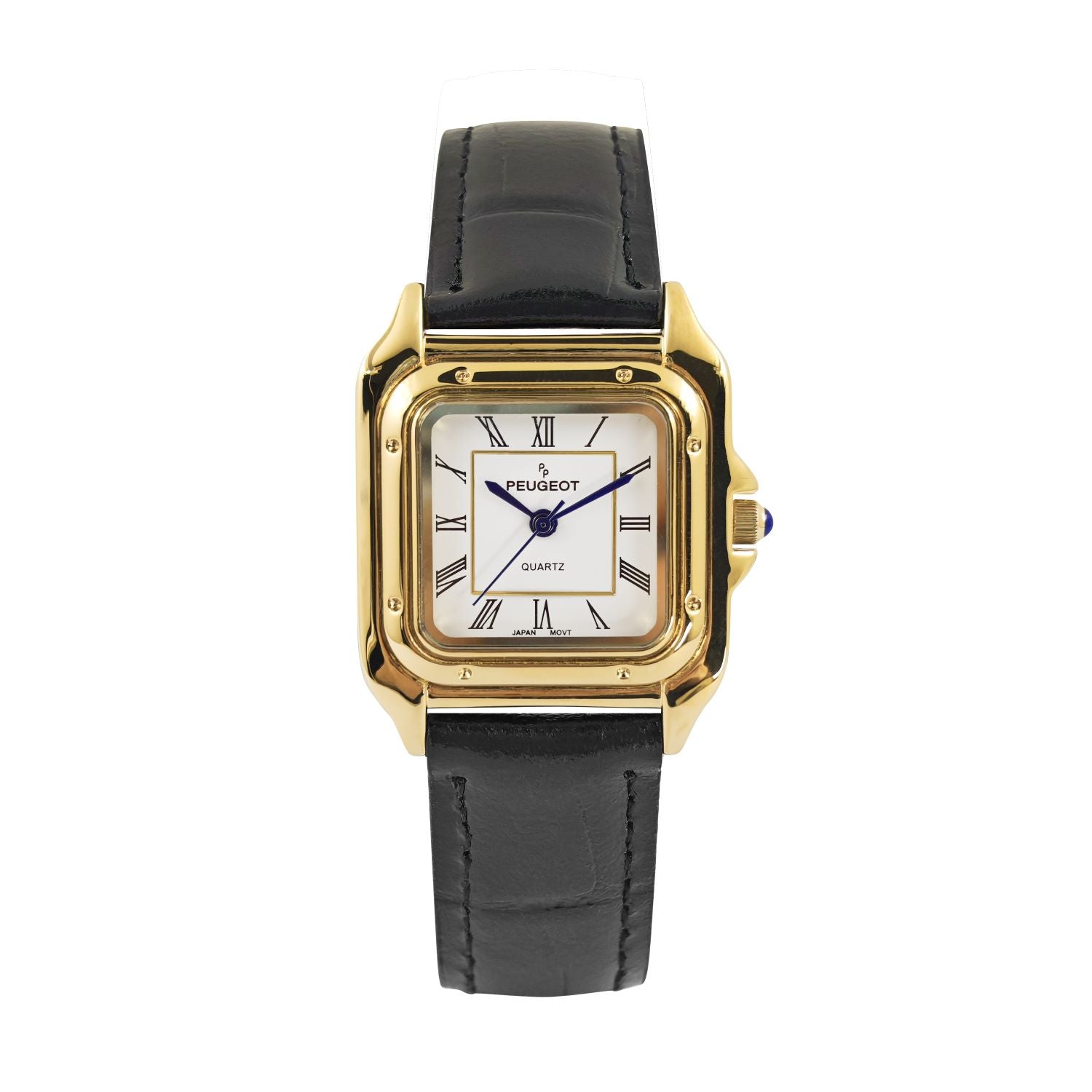 Women's 14K Gold-Plated 32mm Tank Shape Black Leather Strap Watch