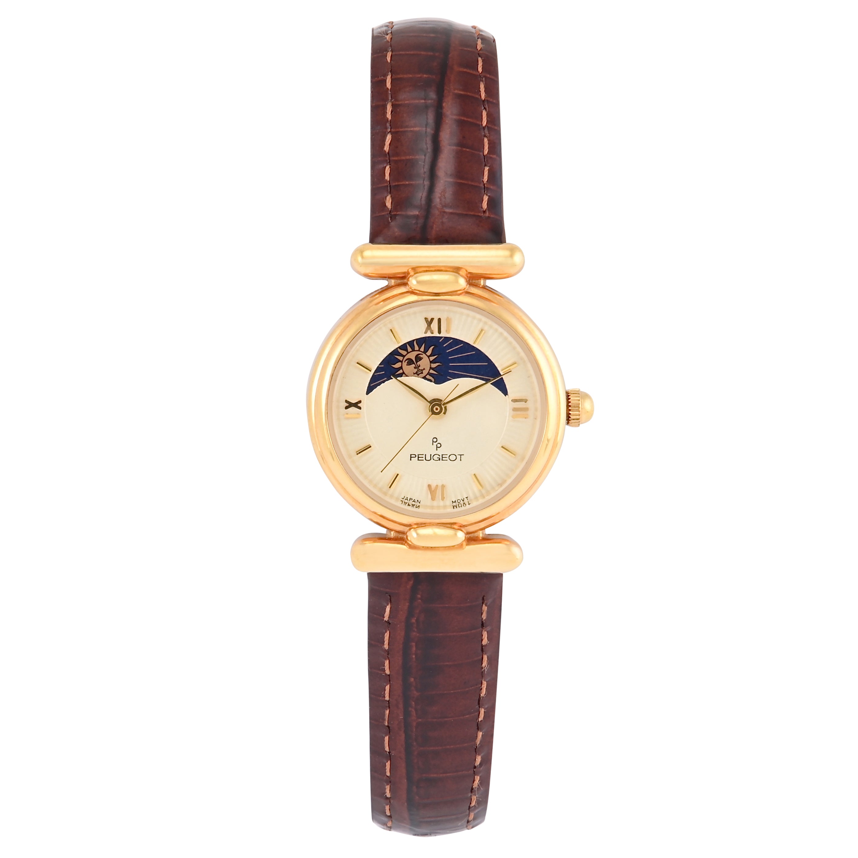 Women's Petite Round 23mm Sun-Moon Phase Gold Watch - Leather Strap