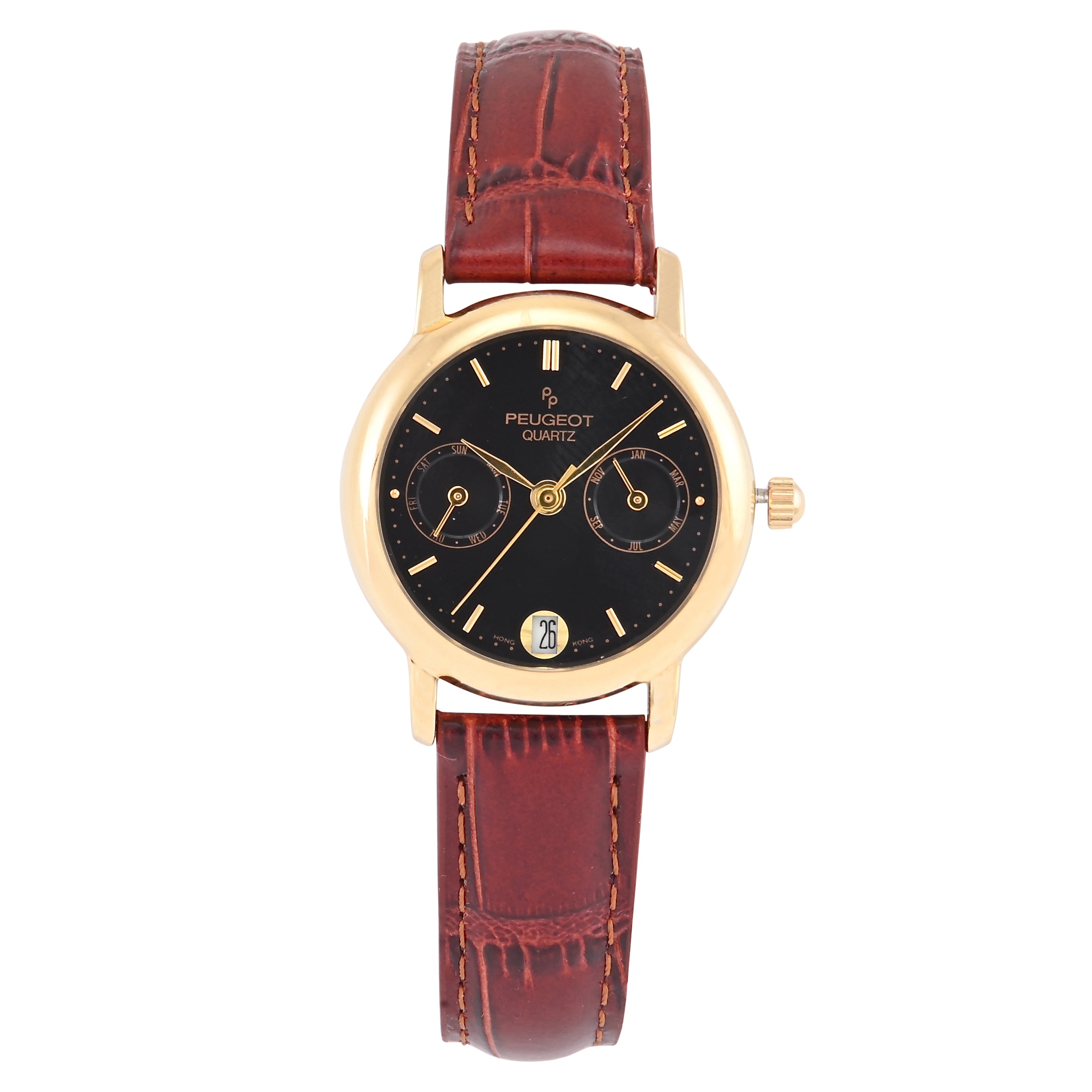 Women's Round 28mm Black Dial Multi-Function Gold Watch with Leather Strap