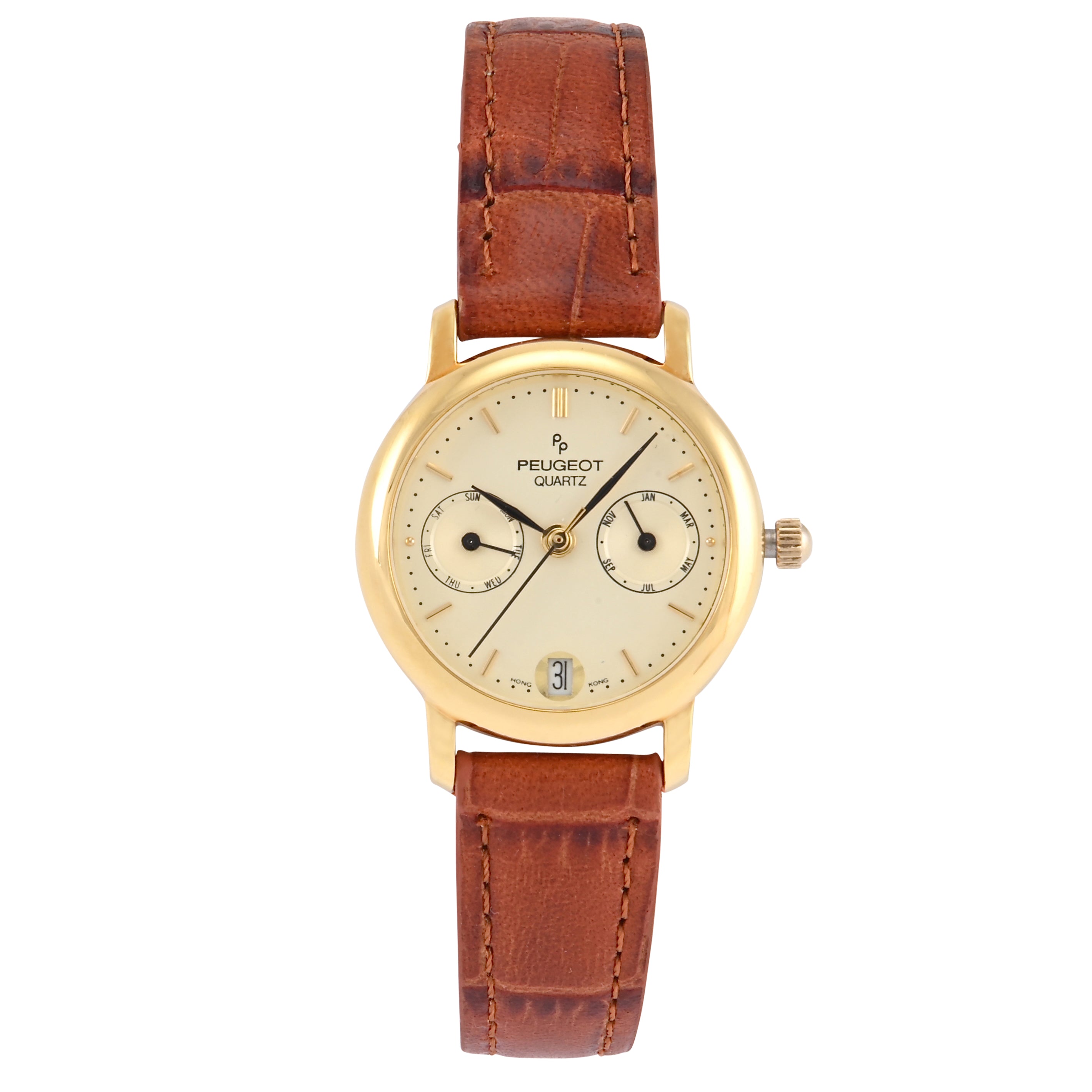 Women's Round 28mm Champagne Multi-Function Gold Watch with Leather Strap