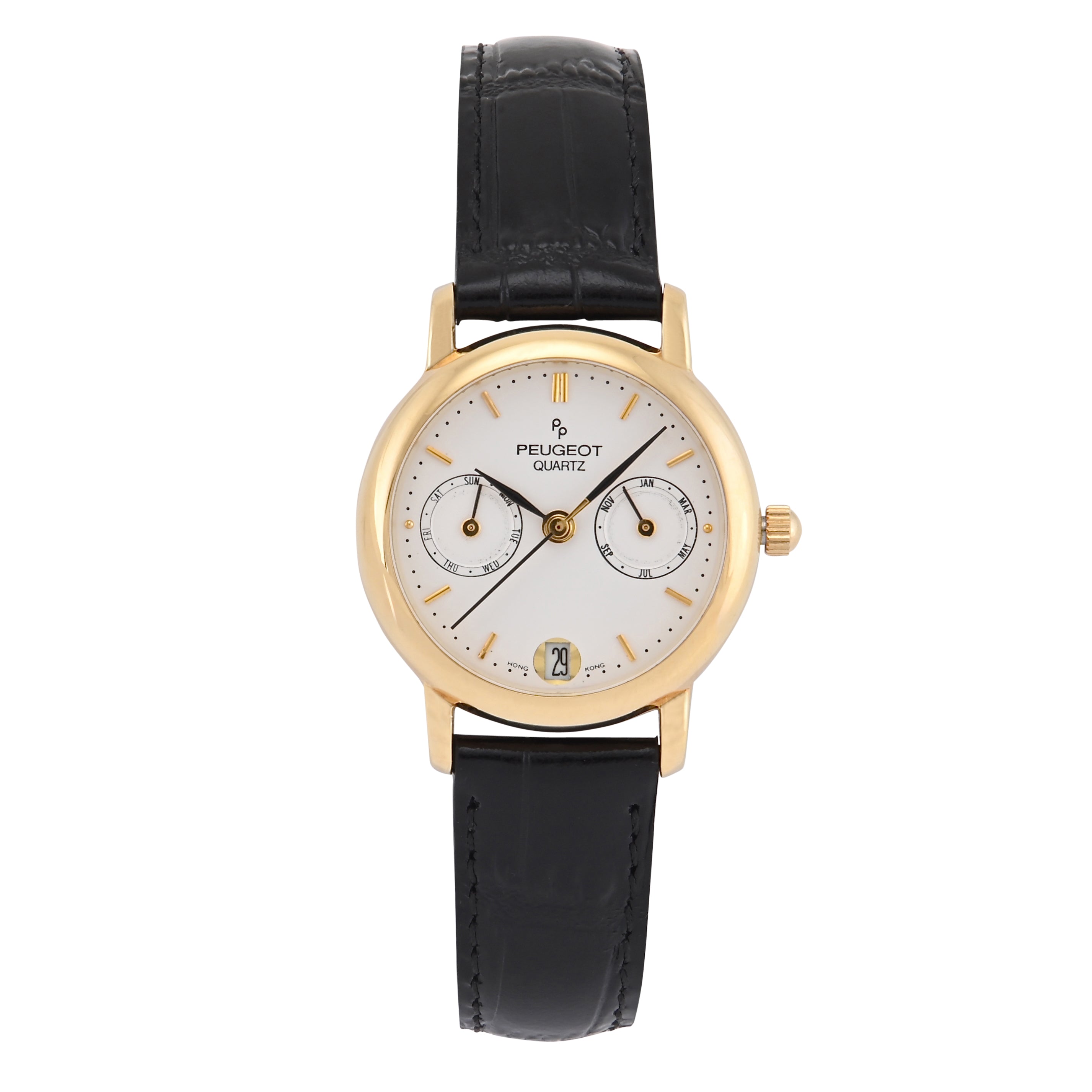 Women's Round 28mm White Dial Multi-Function Gold Watch with Leather Strap