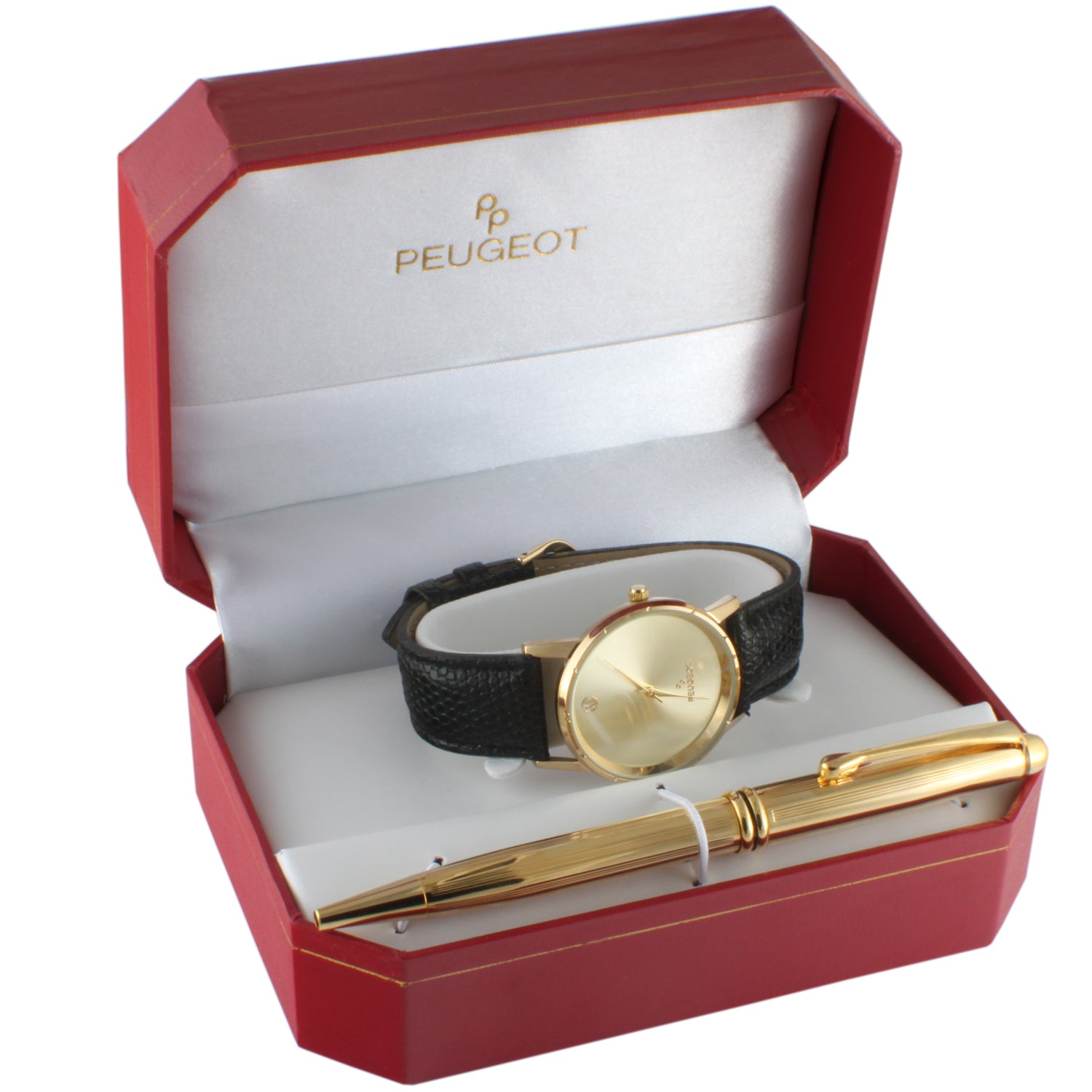 Men Gold Leather Dress Watch & Pen Gits Set