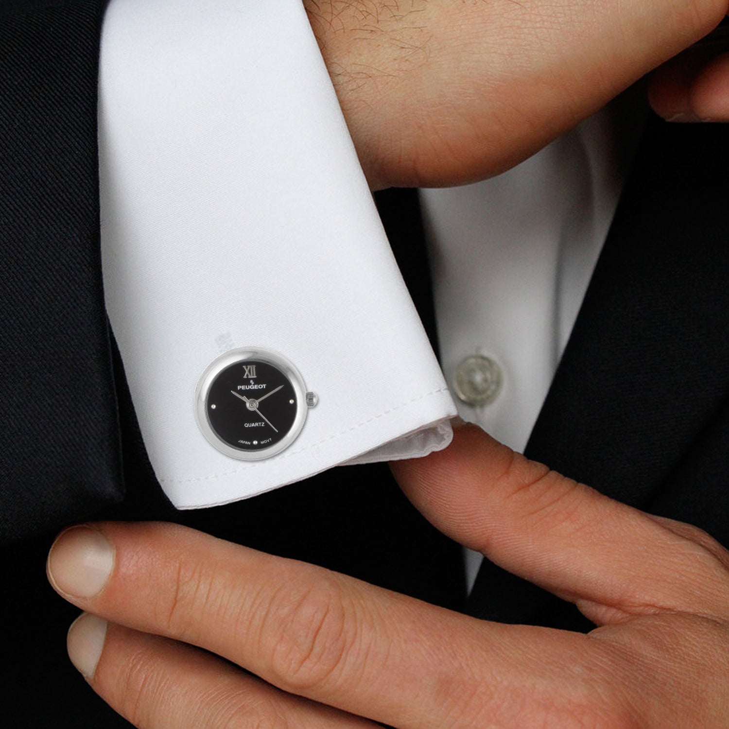 Men's Silver Black Real Working Time Cufflinks