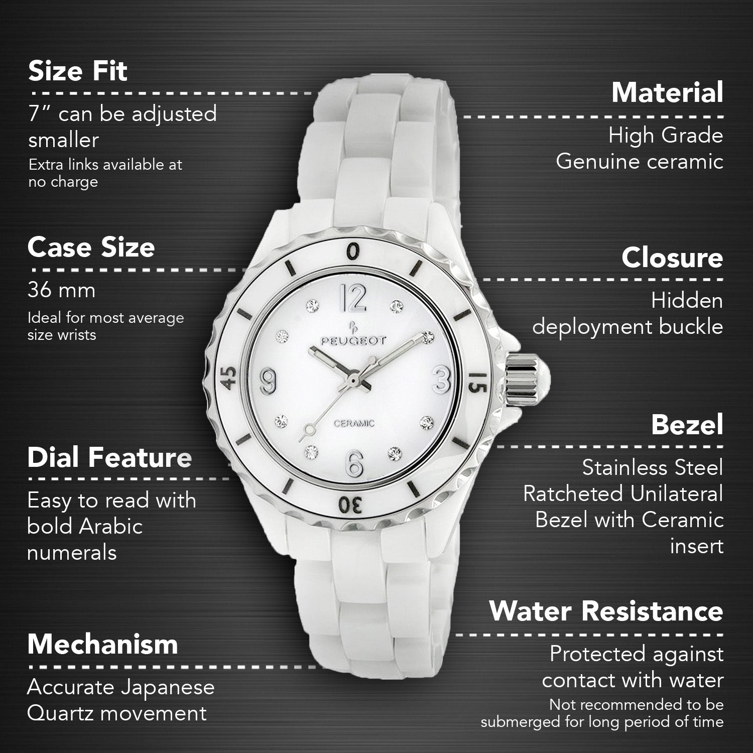 Women's 36mm White Genuine Ceramic Watch with Sport Bezel