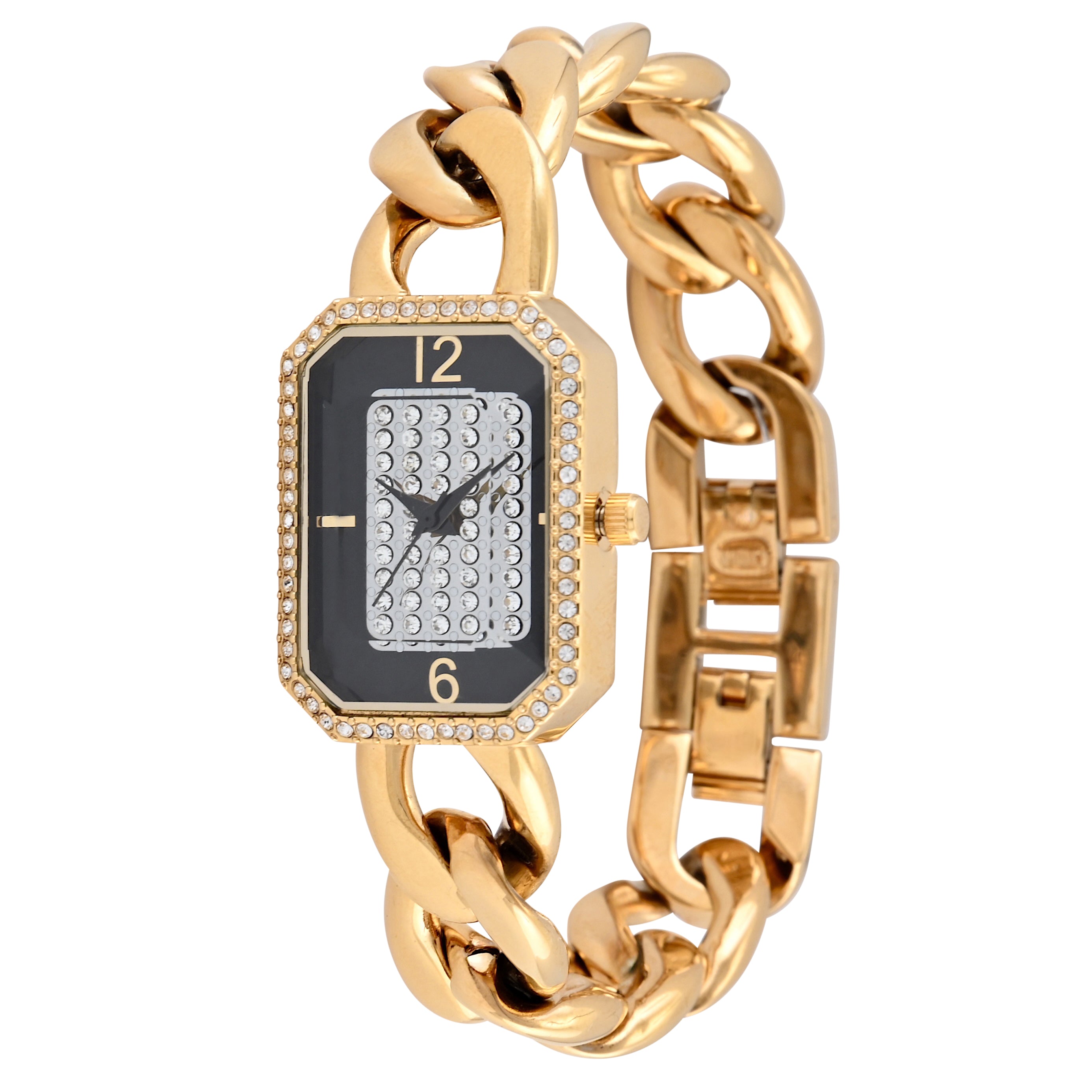 Womens 14K Gold-Plated Rectangular Link Bracelet Watch-Crystal Studded Face