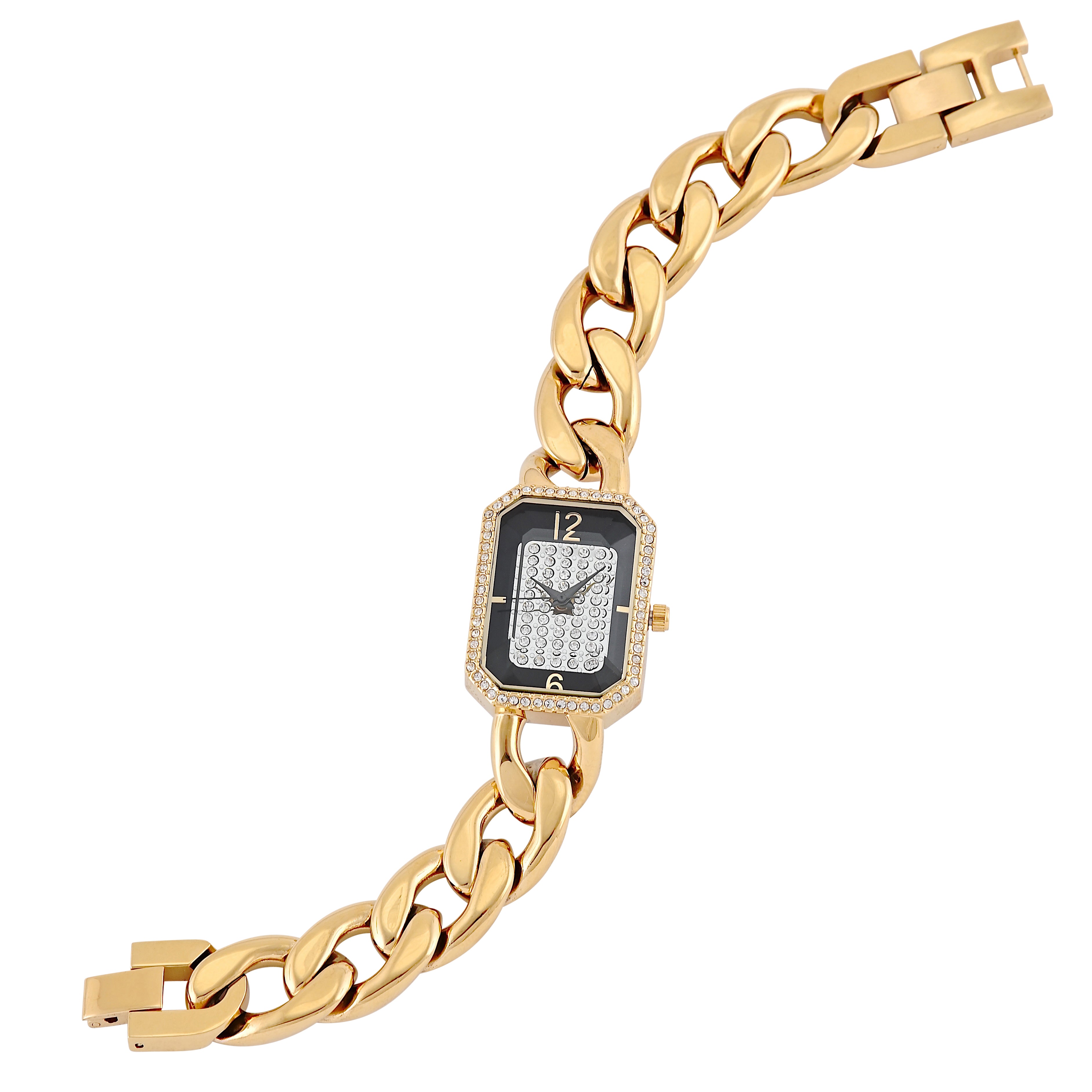 Womens 14K Gold-Plated Rectangular Link Bracelet Watch-Crystal Studded Face