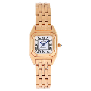 Gold-tone peugeot cartier panther link bracelet watch for women with white dial and roman numerals and blue watch hands 