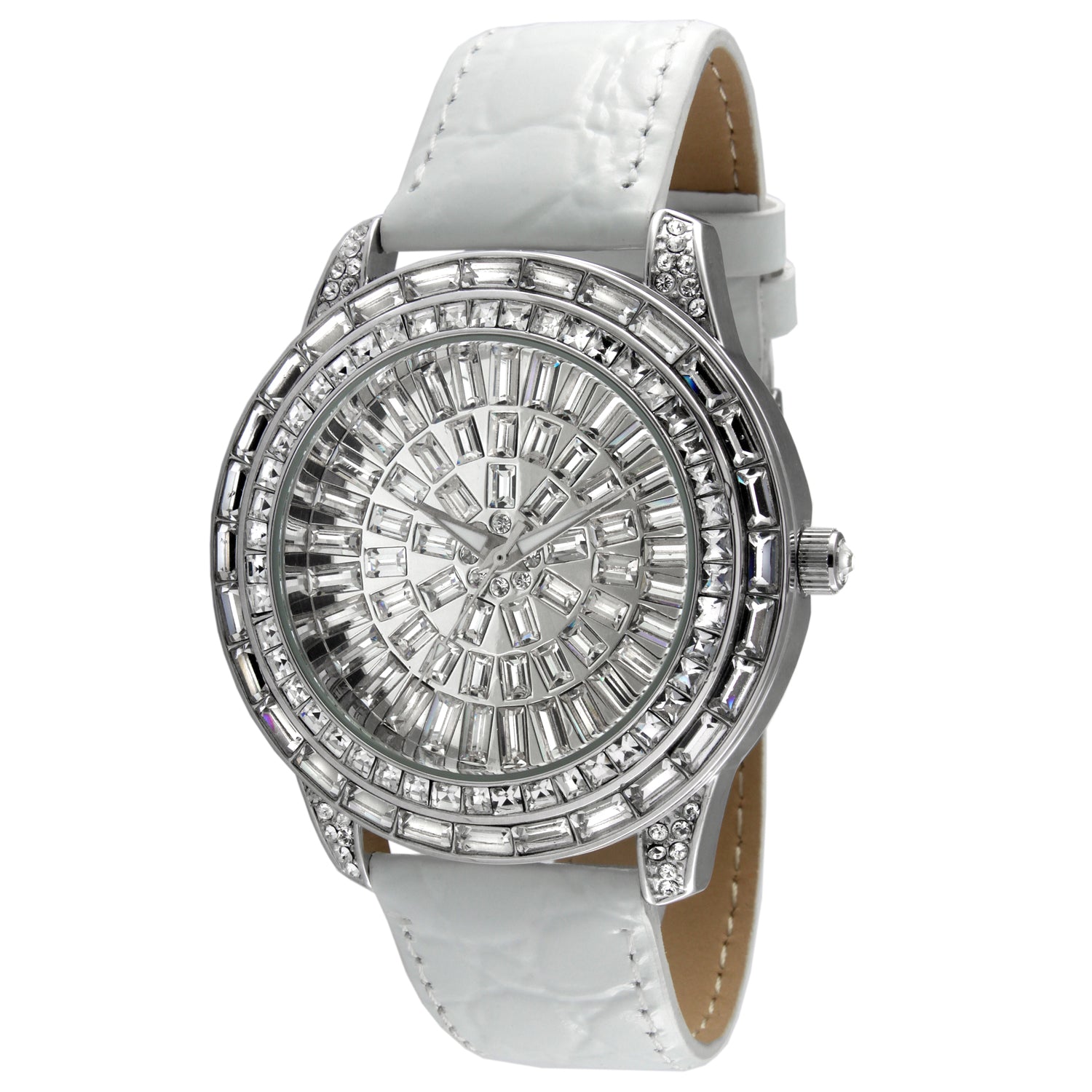 Women's Silver Crystal Couture Watch with White Leather Band