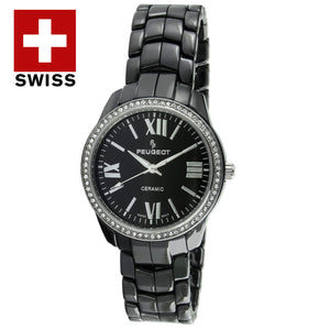 Women's Round Swiss Black Ceramic 32mm Crystal Bezel Watch