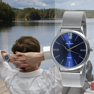 Men's 40mm Blue Dial Slim Case Stainless Steel Mesh Watch