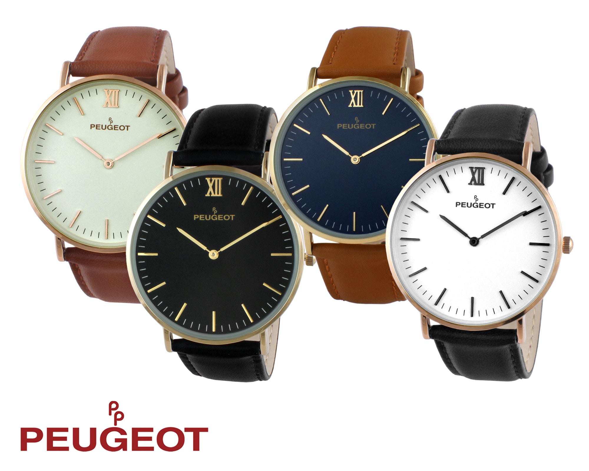 Men's Slim 14K Gold Plated with Leather Band - Peugeot Watches