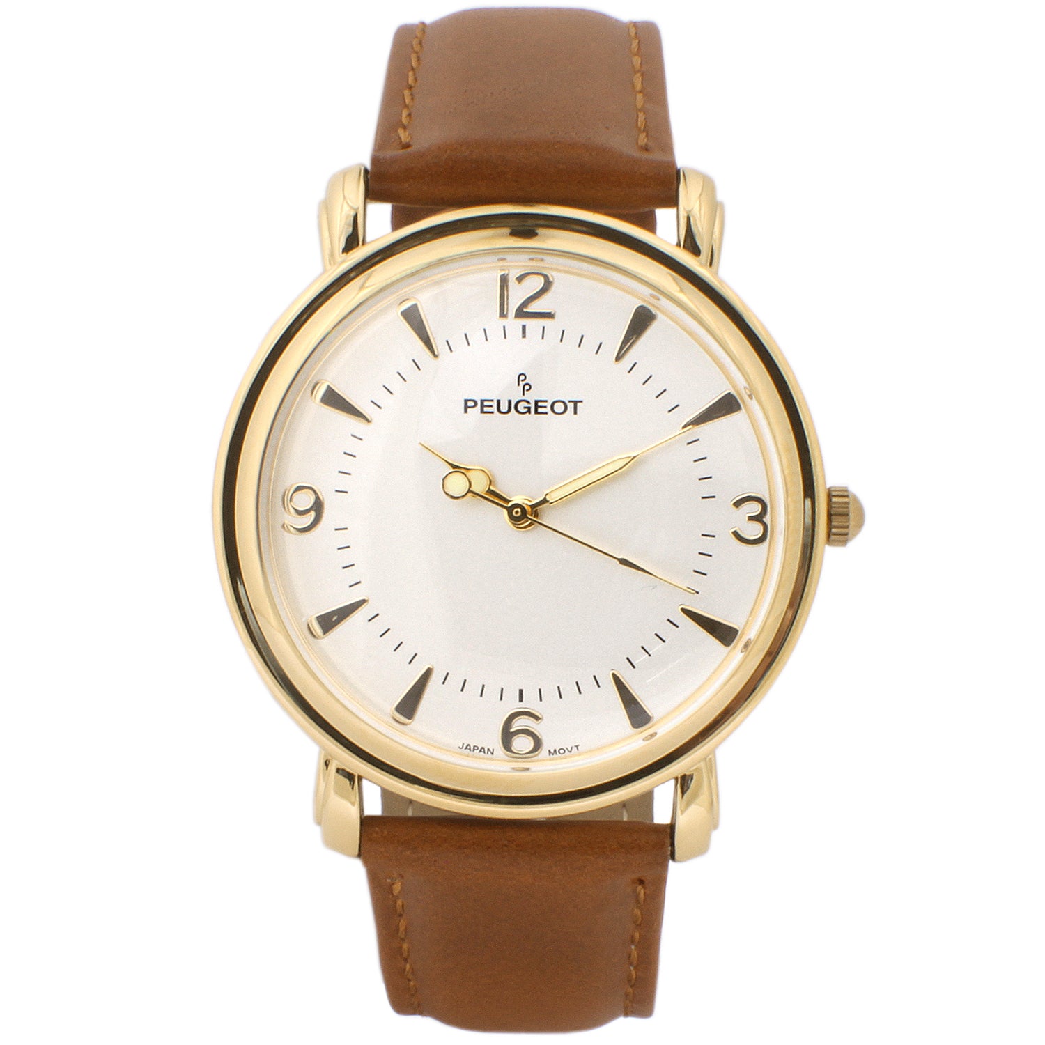 Peugeot Men's Watch Round Gold Silver Dial with Tan Leather Strap