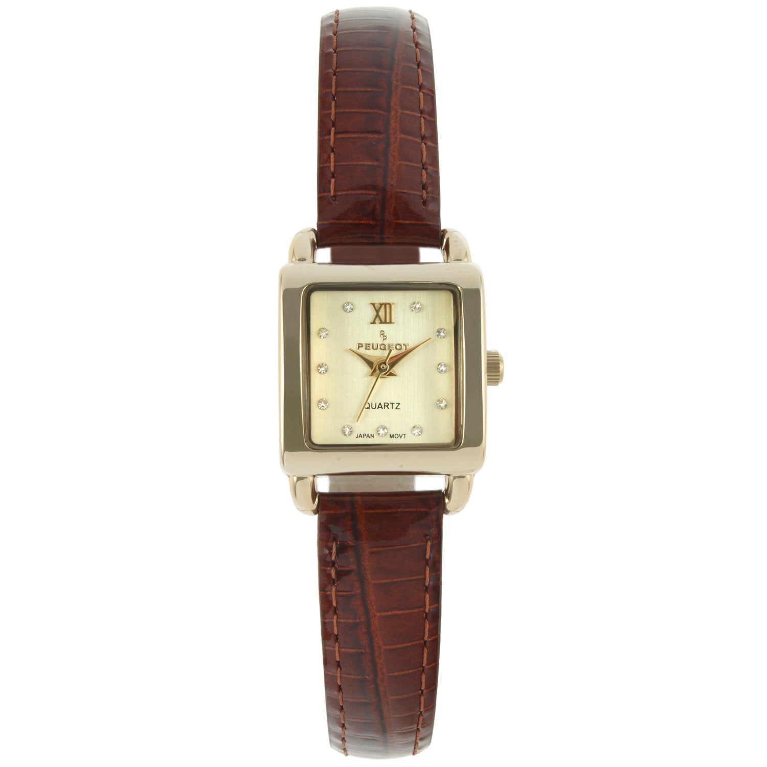 Woman 20mm Square watch with Gold trim and a Champagne face with crystal markers and a Brown leather strap