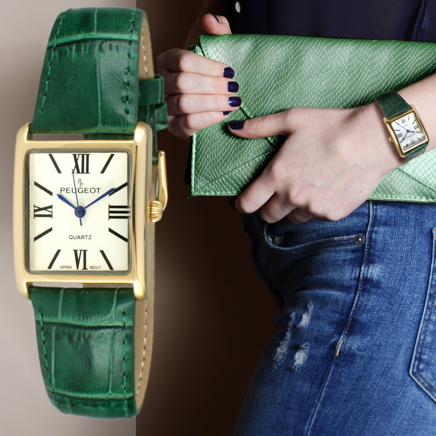 Women's Tank shape Watch with Genuine Green Leather Strap
