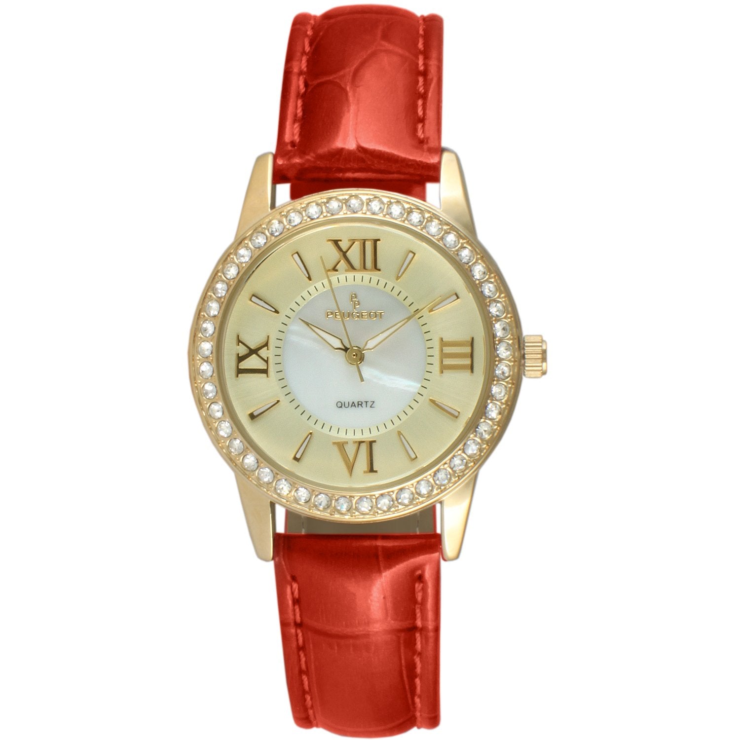 Women's Red Watch 34mm Crystal Bezel Leather Strap