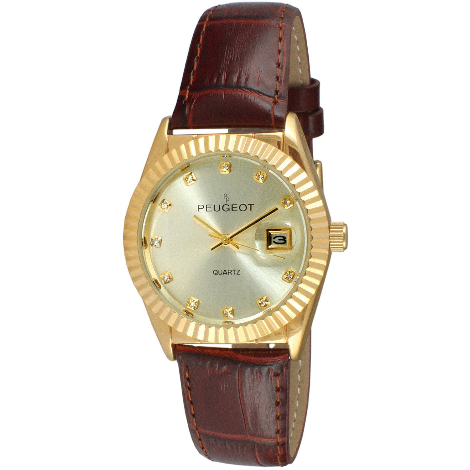 woman 36mm round face watch , gold plated fluted bezel , crystal markers and date, with a brown leather strap