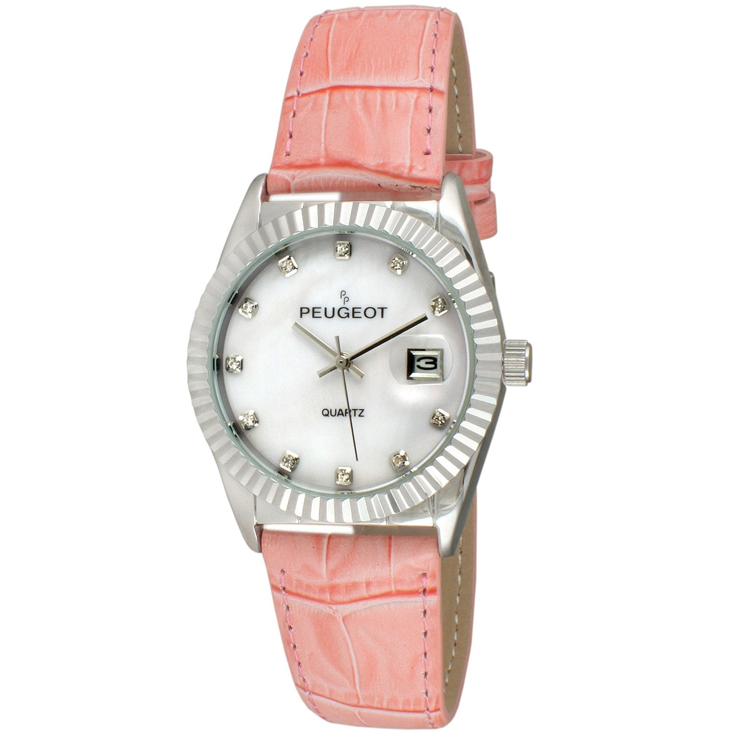 woman 36mm round face watch, with silver fluted bezel, crystal markers and date, with a pink leather strap