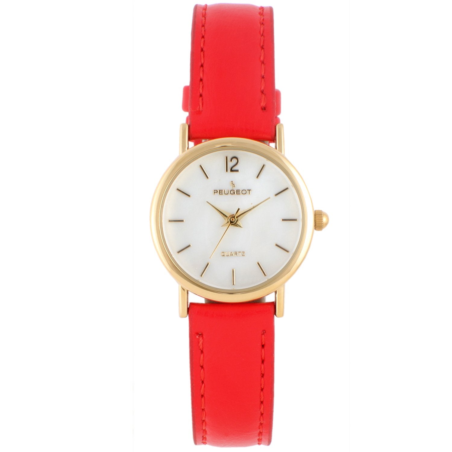 Woman 24mm Round face gold trim watch, with white face And gold easy to read hour markers and a Red leather band