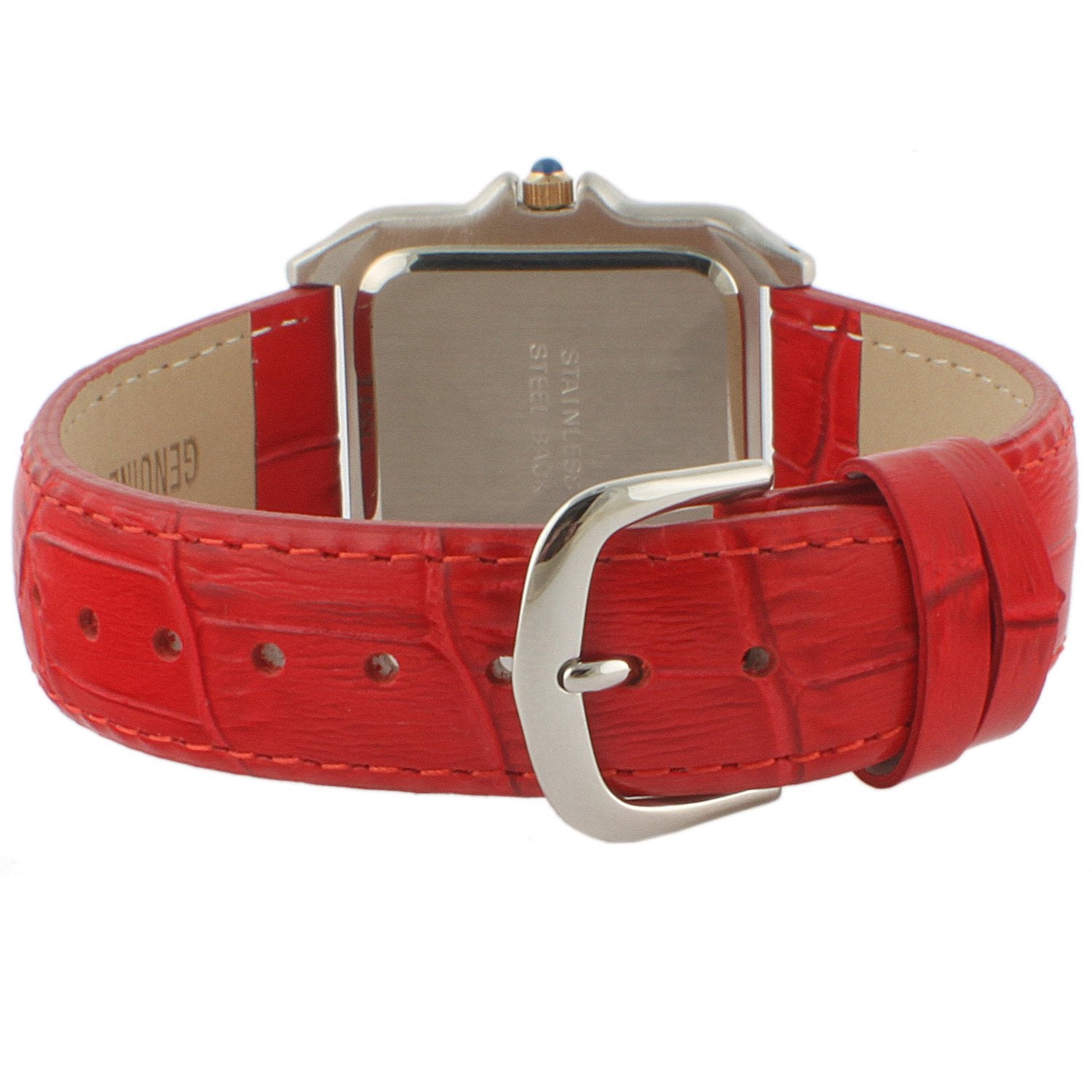 Women 36mm Tank shape watch with silver trim and a gold bezel. White face with roman numerals and a Red leather strap