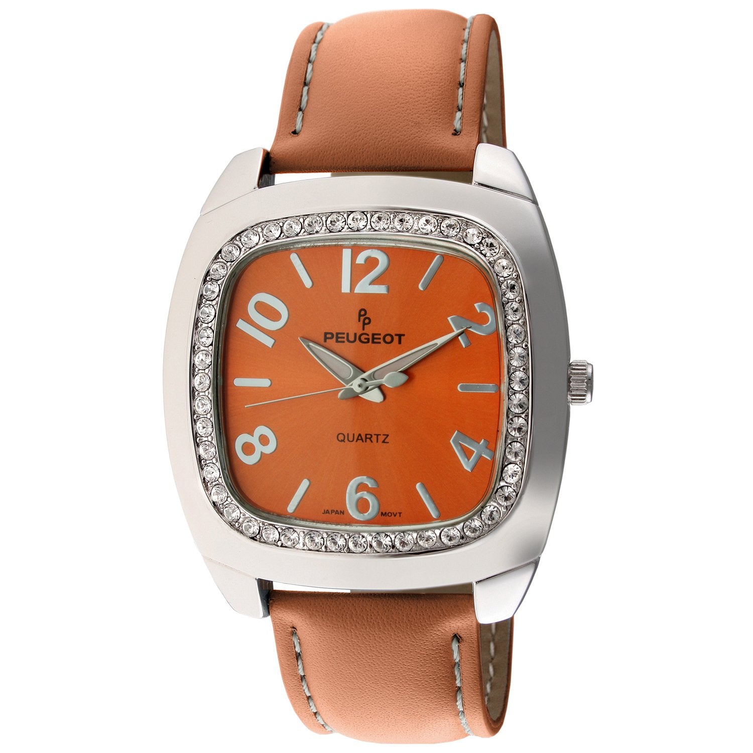 Woman 42mm Square face watch with A Crystal bezel and silver trim. Orange face with silver numbers and a Orange leather band