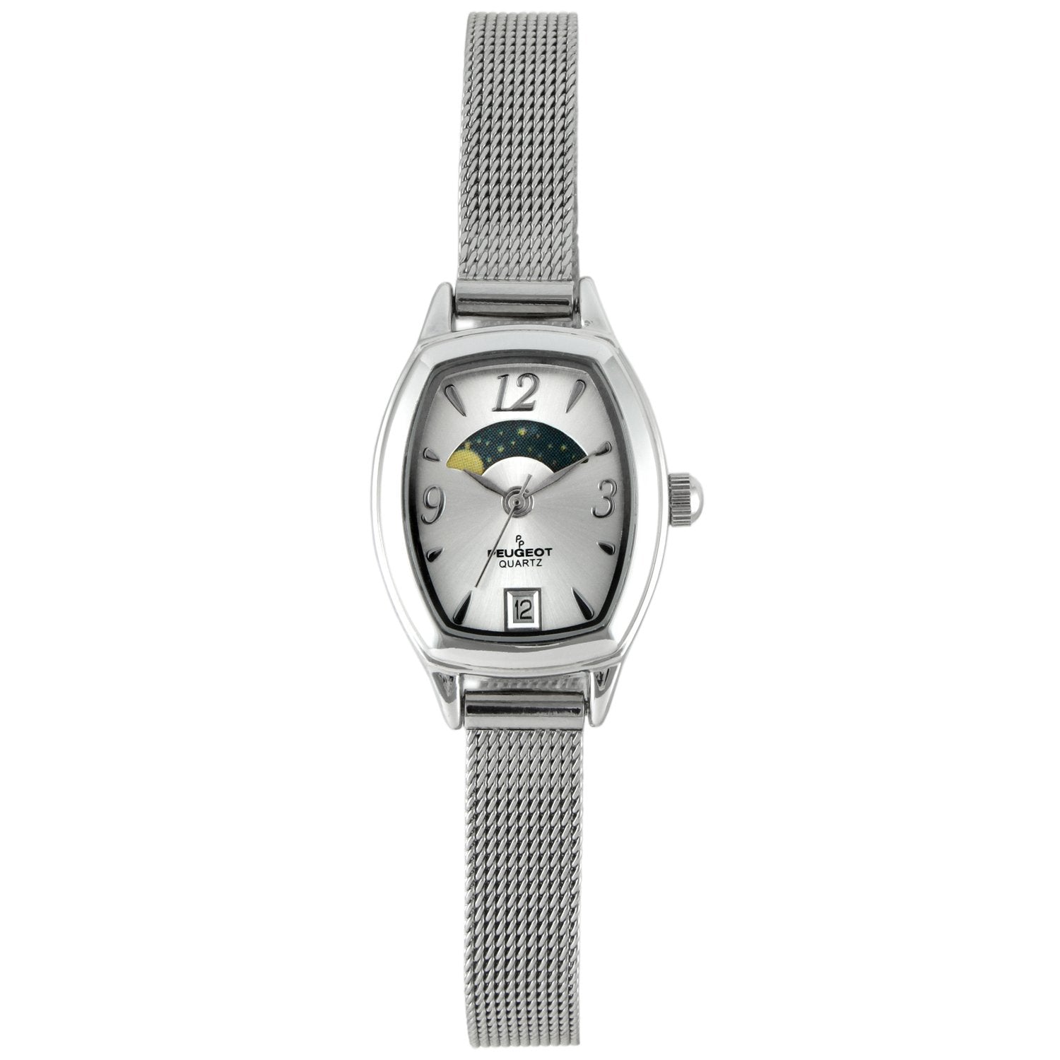 womens 30x20mm sun and moon phase watch with white face and stainless steel mesh strap and date