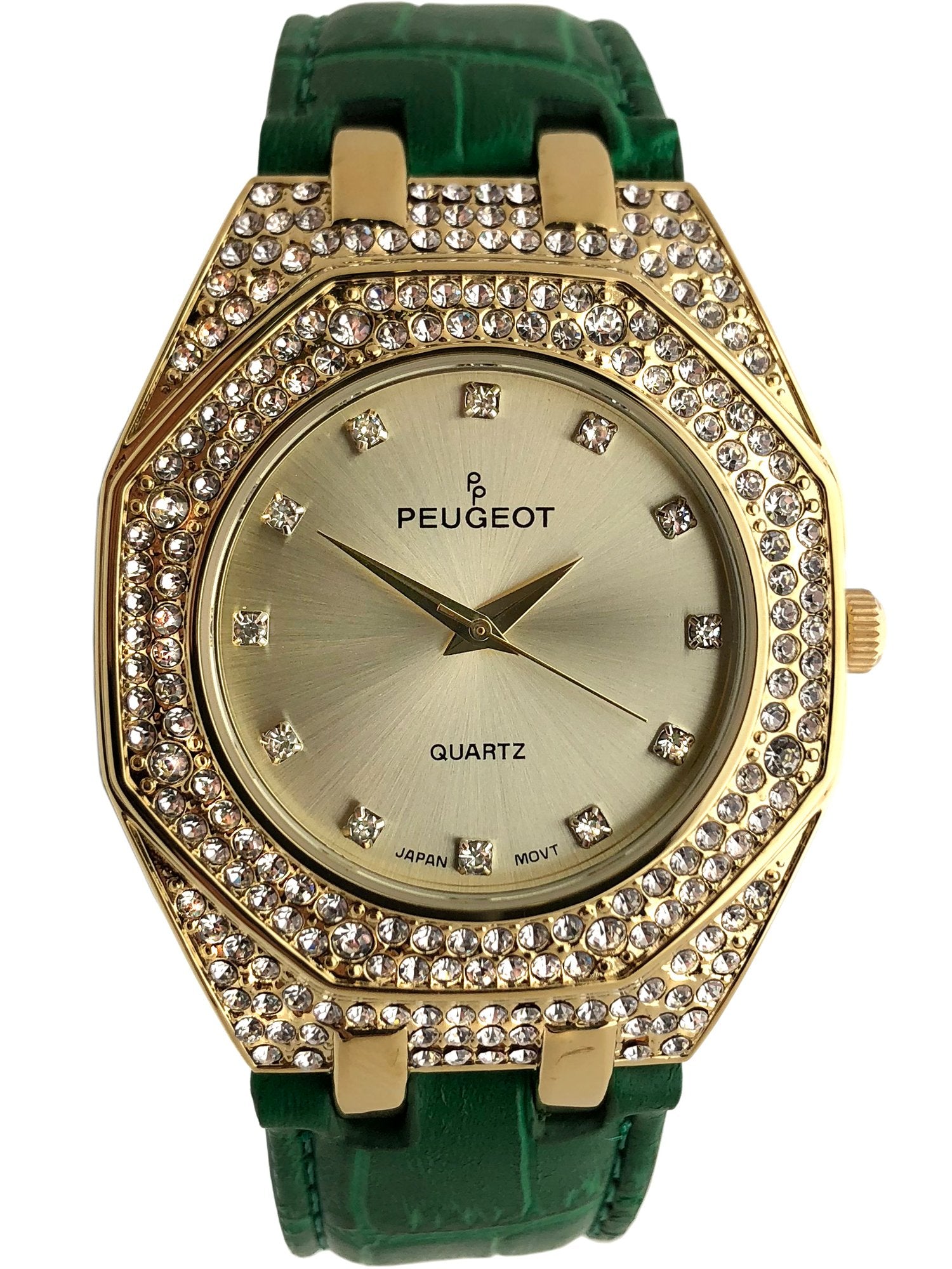 Women's 37mm Green Watch with Crystal Bezel Leather Band